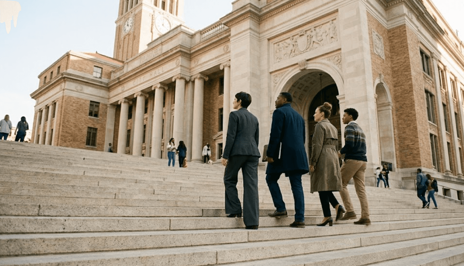 Citizens ascending city hall steps