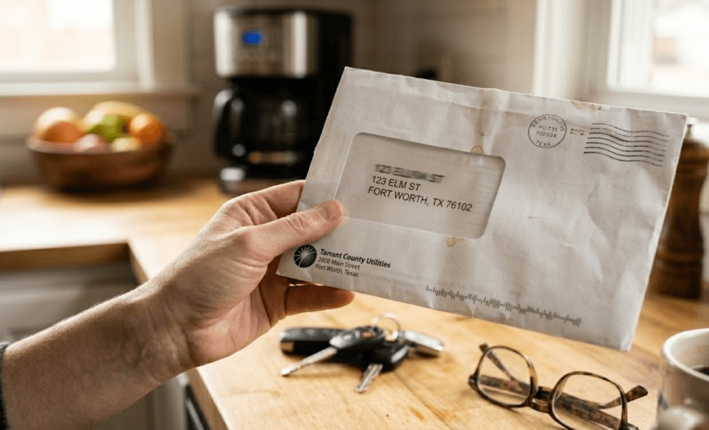 Hand holding a utility bill — address blurred for privacy