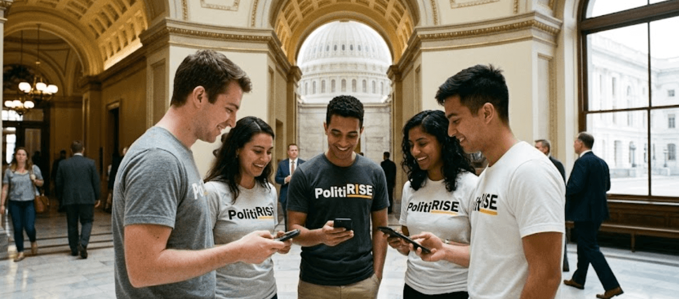 PolitiRise delivery team reviewing tablets after a run
